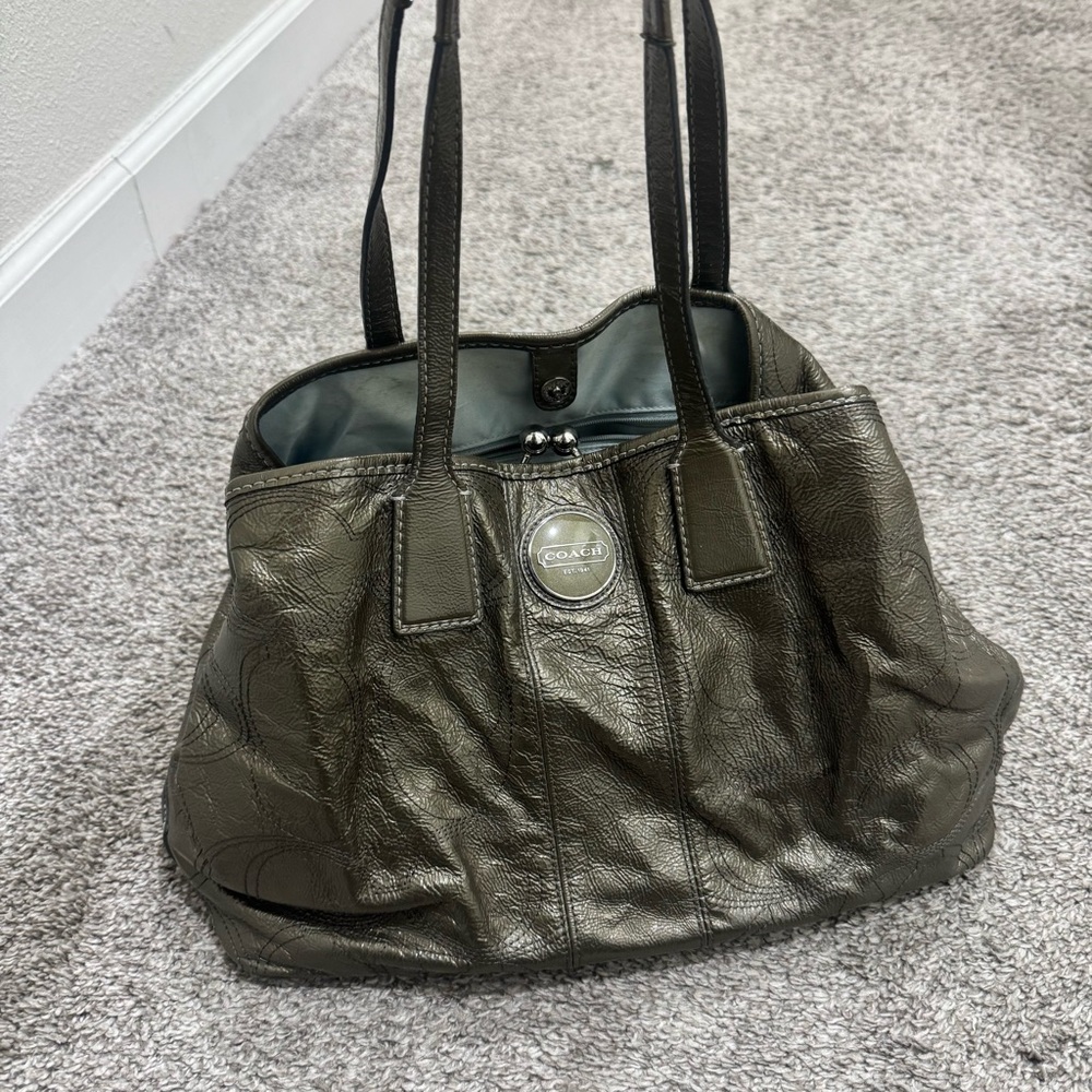 Coach Hampton Mini Satchel Metallic Green Patent Leather Handbag